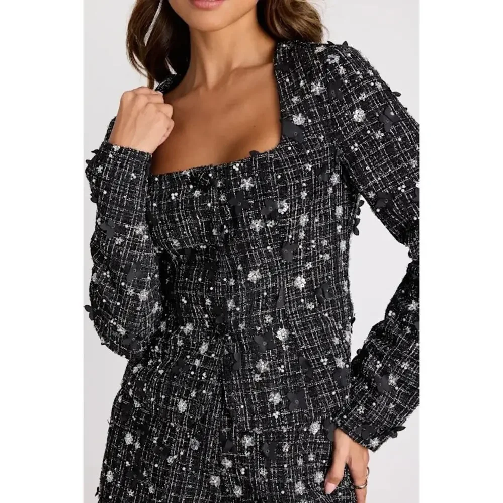 NWT Lulus Marcie Black Tweed Lurex Sequin Applique Blazer Large